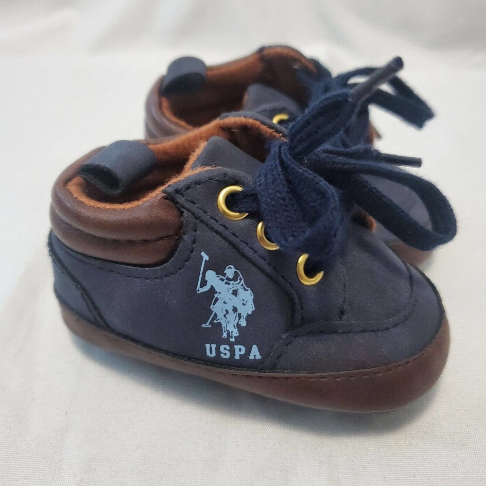 U. S. Polo Association Assn USPA Newborn Shoes Blue Brown Leather Boots Sz 3-6 M
